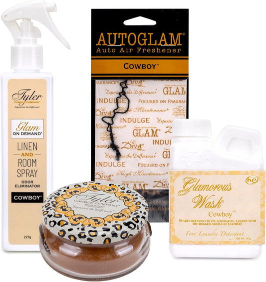 Tyler Cowboy Glamorous Gift Suite VI - (On Demand Room Spray, Glamorous Wash, Jar Candle, Autoglam)